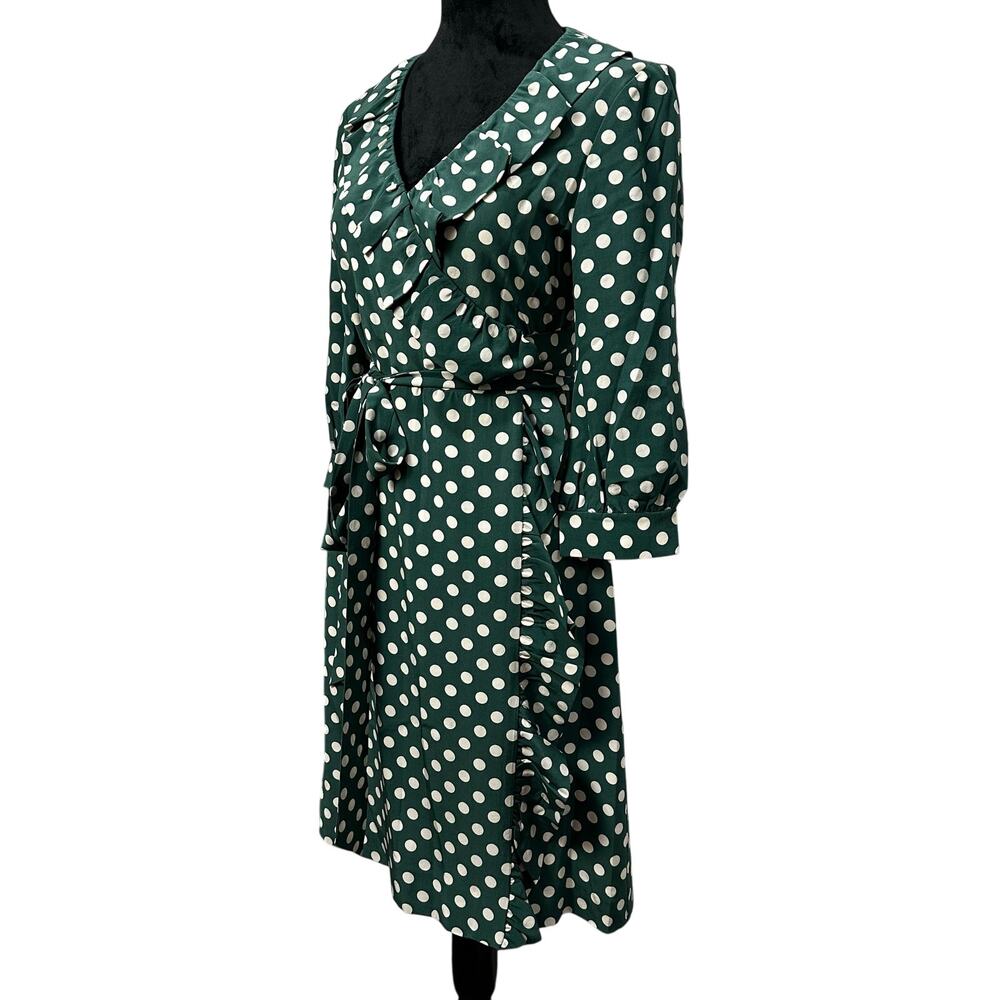 Kate Spade Polka Dot Wrap Dress 6 Green Cream Ruffle Silk Retro Classic - Picture 4 of 9